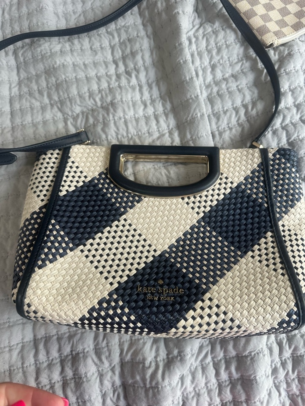 kate spade Navy and Cream Woven Crossbody with Top Handle